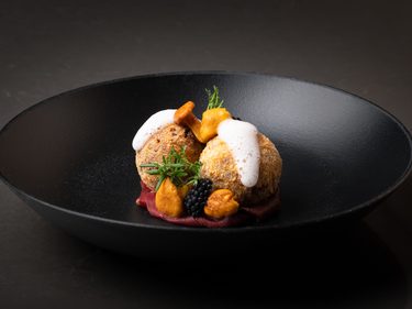 Gourmetgericht mit zwei Knödeln, Pfifferlingen, Brombeeren und hellem Schaum in schwarzer Schale.