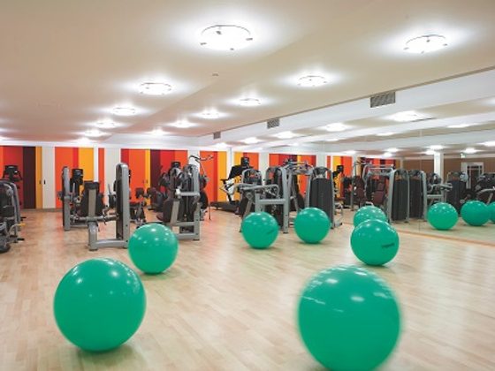 Fitnessraum mit Kraftgeräten, Spiegelwand und grünen Gymnastikbällen auf hellem Holzboden.
