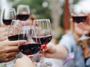 Mehrere Gäste stoßen im Außenbereich mit Gläsern Rotwein an.