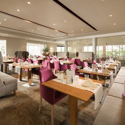 Heller Restaurantbereich mit gedeckten Tischen, Stühlen, Sitzbänken und großen Fenstern.