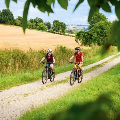 Zwei Radfahrer fahren auf einem Feldweg durch eine ländliche Landschaft mit Wiesen und Bäumen.