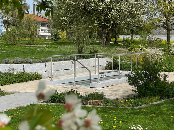 Kneippbecken in einem Garten mit blühenden Bäumen und Wiese.