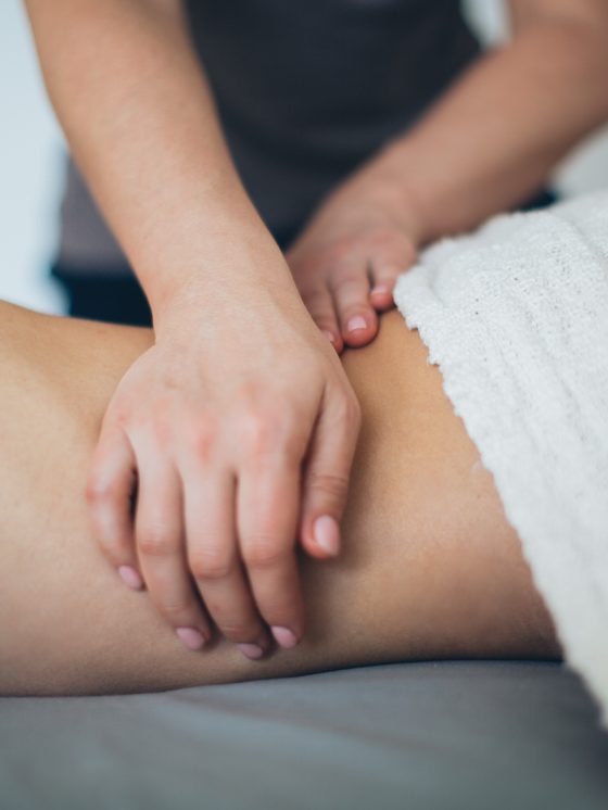 Hände massieren den Rücken eines Gastes auf einer Liege im Wellnessbereich.
