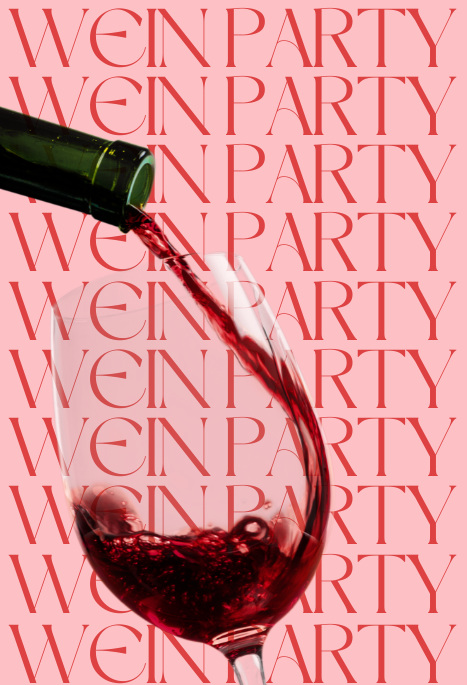 Rotwein wird vor sich wiederholendem Schriftzug "Weinparty" in ein Glas gegossen