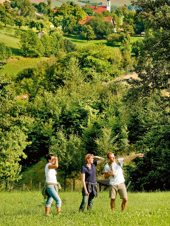 Drei Wanderer in der Rottaler Hügellandschaft